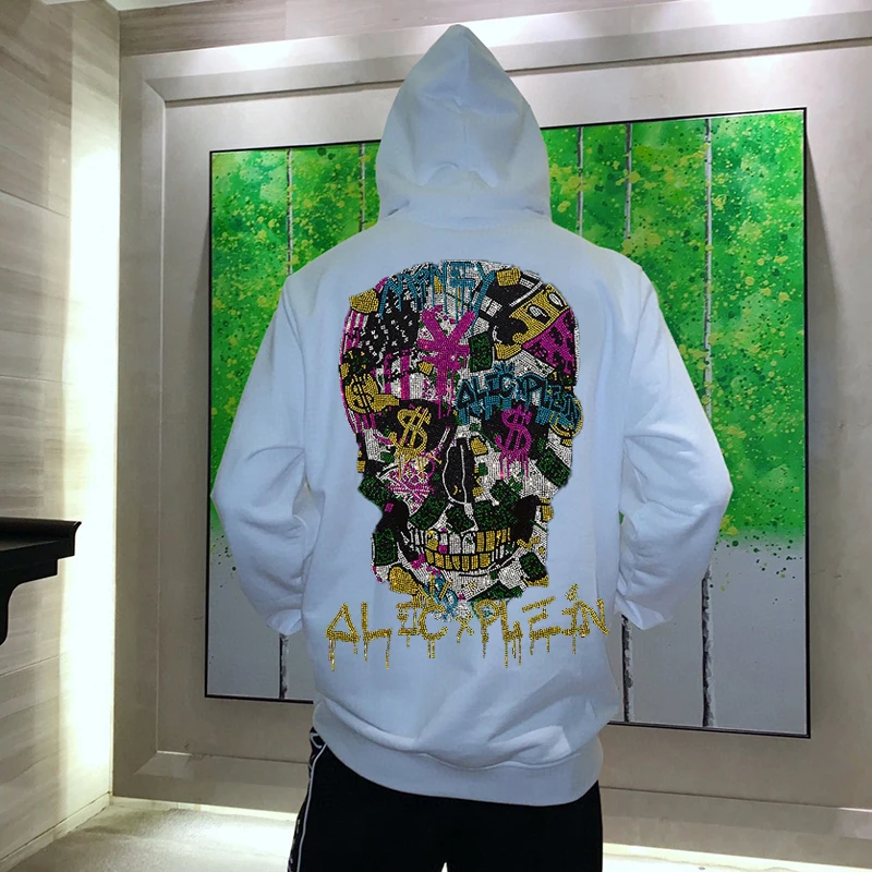 

Heavy Craftsmanship Men's Hoodies Super Extra Large Rhombus Letters Skull Diamond Trend With Hat Long Sleeve Male Hoody