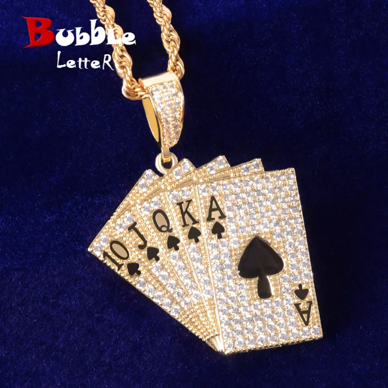 Poker Card Pendant Necklace Cubic Zircon Men's Hip Hop Rock Jewelry