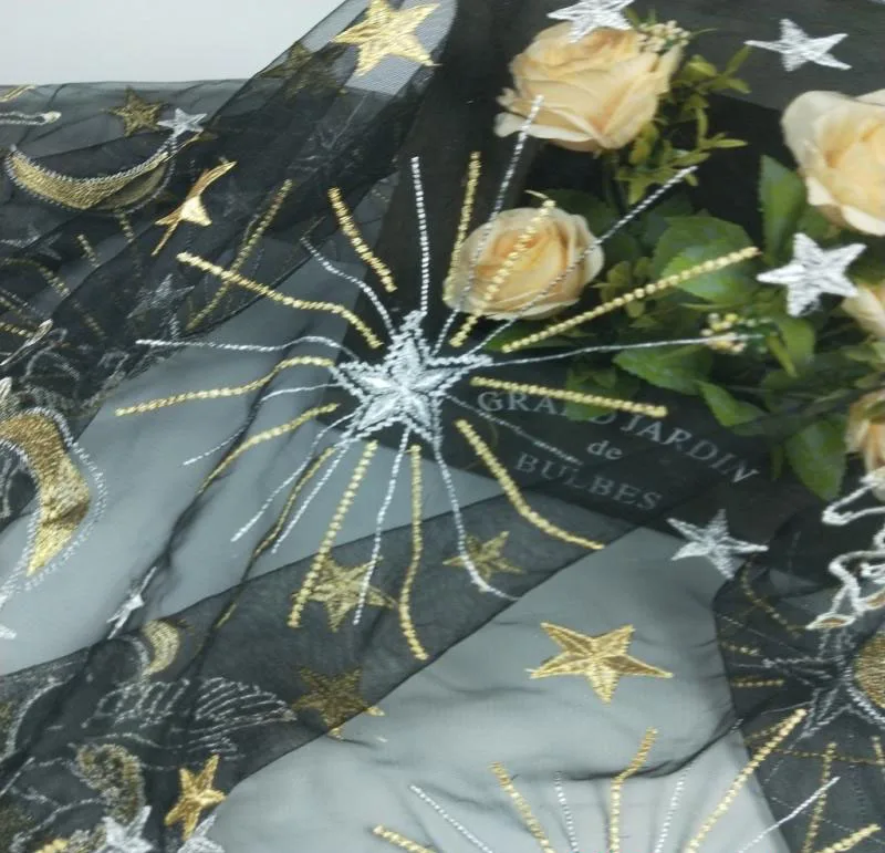 Star Horse Moon With Gold Silver Thread tulle Mesh African French Lace Fabric In Blue/black/white For Bridal Gowns 1yard