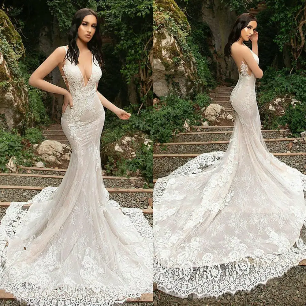 

New Elegant Mermaid Wedding Dresses Sexy Deep V Neck Lace Appliques Bridal Gowns Backless Wedding Dress vestidos de novia