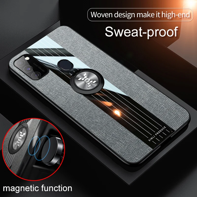 MAKAVO For Samsung Galaxy M21 Case Fabric Hard Cover Soft Frame Cloth Phone Case For Samsung Galaxy M21 Metal Ring Holder