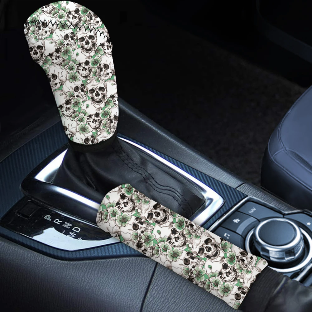 INSTANTARTS Rose Sugar Skull Printed Anti-Slip Car Accessories Car Hand Brake Lever Covers Easy to Install Gear Shift Cover 2pcs