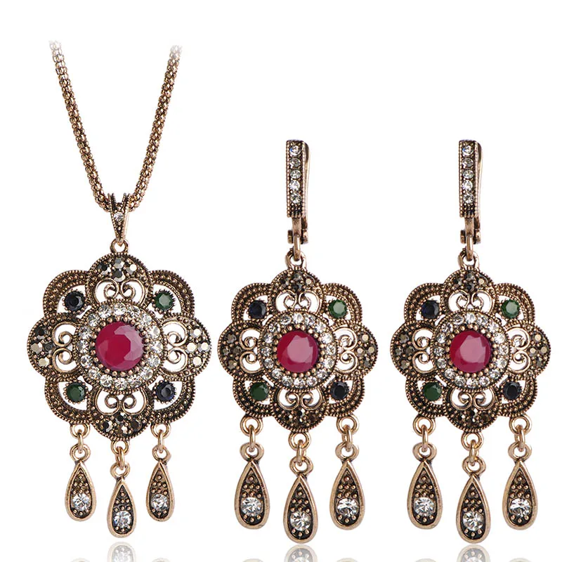 Madrry Alloy Metal Turkish Vintage Jewelry Sets Necklace & Earrings Resin Crystal Sculpture Flowers Antique Silver Color Bijoux