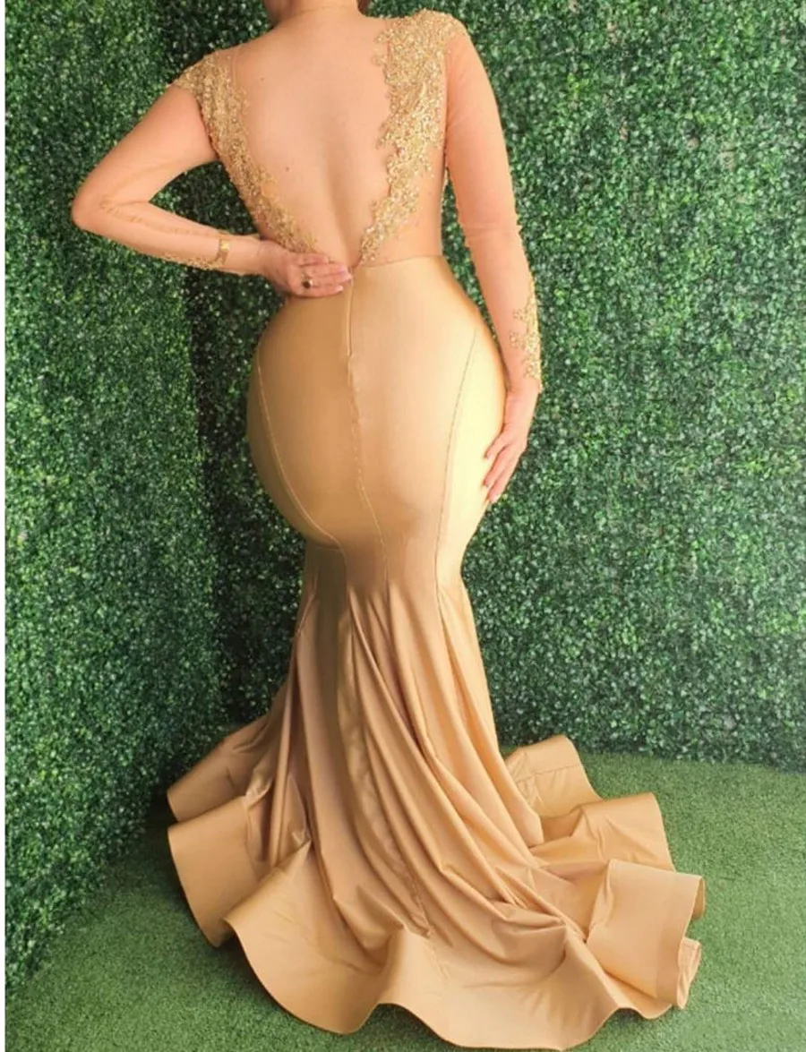 Robe de soirée de forme sirène, tenue de soirée de standing, dentelle, perles, Sexy, col roulé, or, bon marché, 2020