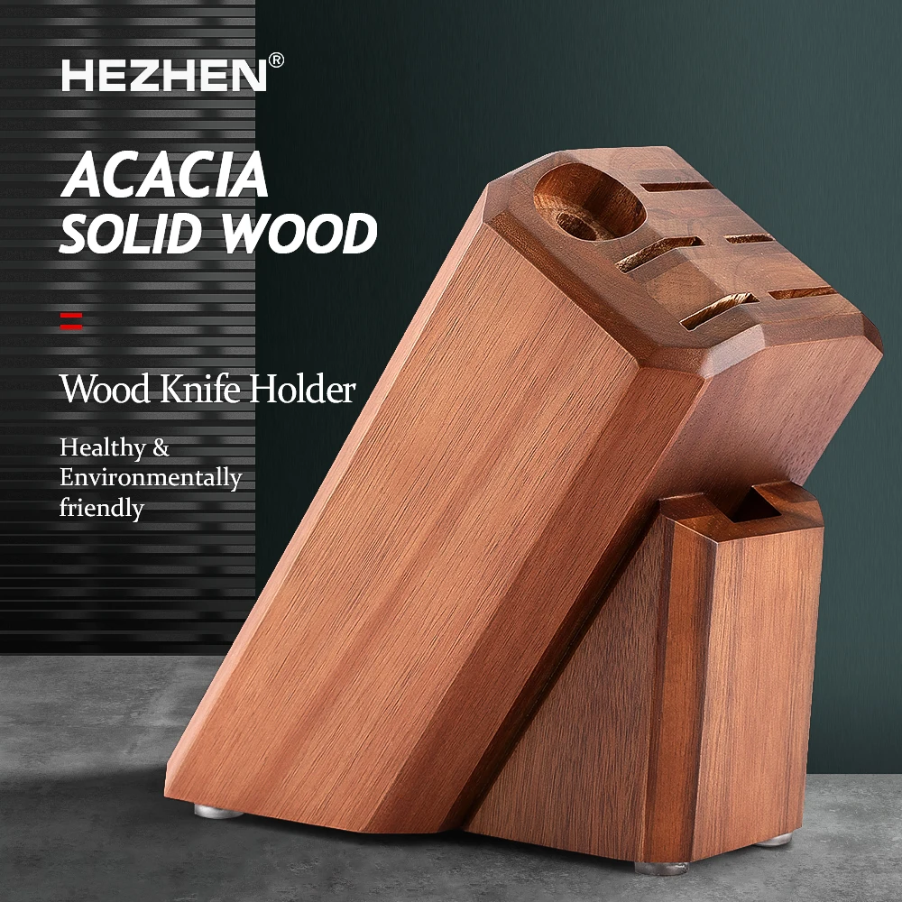 

HEZHEN Kitchen Knives Set Acacia Wood Knife Holder Chef Stainless Steel Knife Walnut Scissors Sharpener Rod Storage