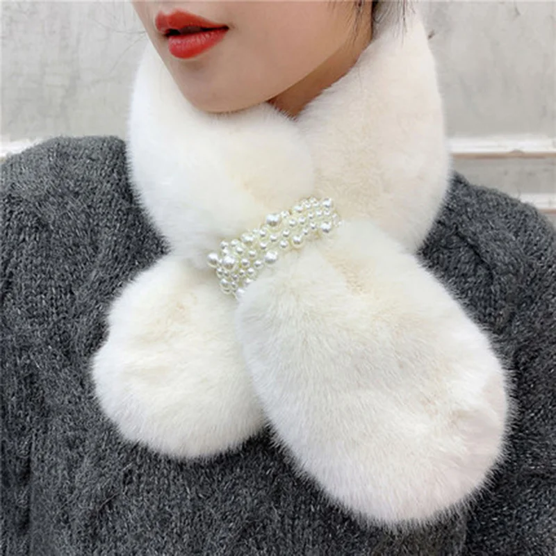 Korean Female Soft Faux Rabbit Fur Cross Pearl Scarves Winter Plush Thicken Windproof Warm Neck Guard False Collar Scarf O51