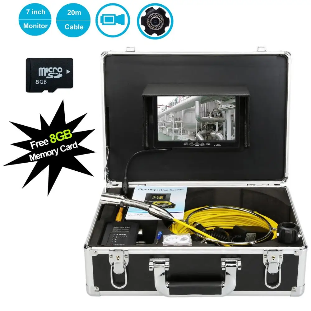 

20m Industrial Pipeline Endoscope System 7" LCD Pipe Sewer Drain Inspection Video Camera With DVR Function 23mm 12pcs White LEDS