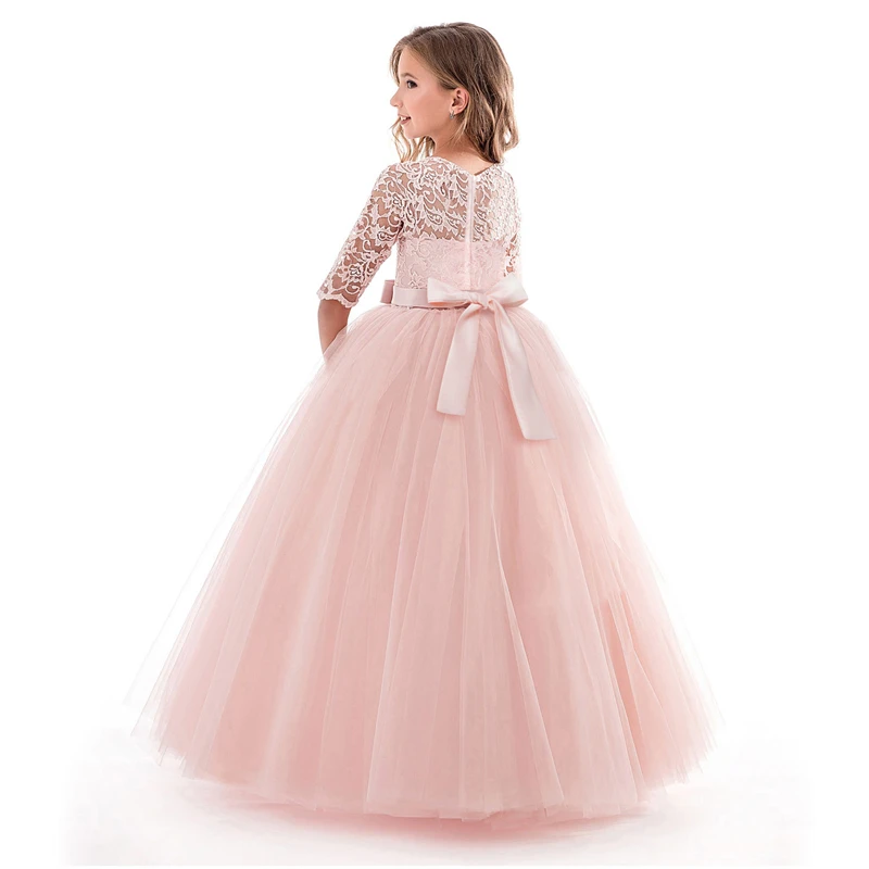 Lange Stil Spitze Appliqued Blume Mädchen Kleider Kinder Oansatz Halbe Hülse Hochzeit Party Kleider