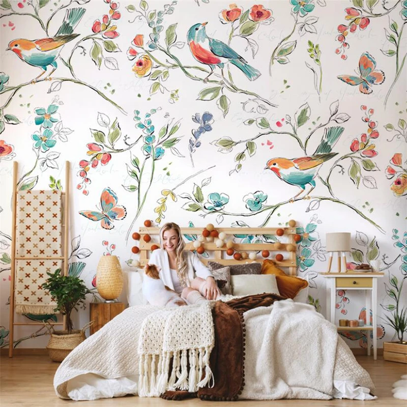 

beibehang Custom 3d wallpaper mural American pastoral hand-painted flowers and birds living room TV background wallpaper