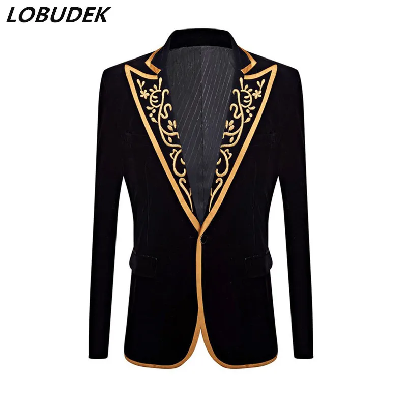 Men's Vintage Embroidery Court Tuxedo Black Velvet One Button Suit Jacket Male Wedding Groom Formal Blazers Performance Clothes