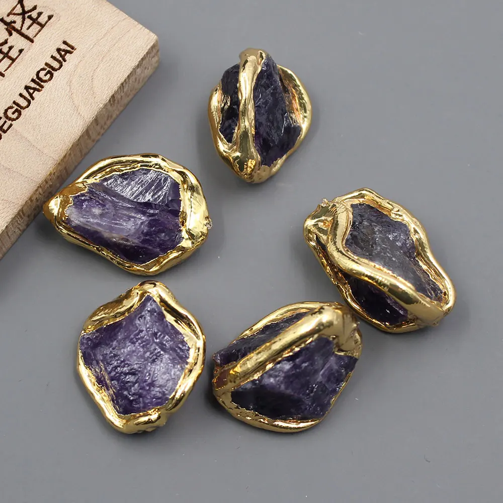 APDGG 5Pcs 15x20mm Gold Plated Natural Purple Amethyst Nugget Gems Freedom Beads For Pearl Necklace Pendant Jewelry DIY