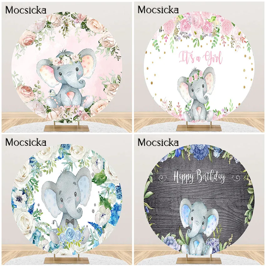 

Mocsicka Elephant Party Decoration Backdrop Cute Elephant Baby Shower Bday Party Round Circle Cover Fabric Banner Photocall