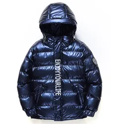 8-19T Boys Parkas Winter Coat Bright Thick Hooded Warm Padded  Black Cotton  Children Teens Jacket Dark Blue Silver High Quality