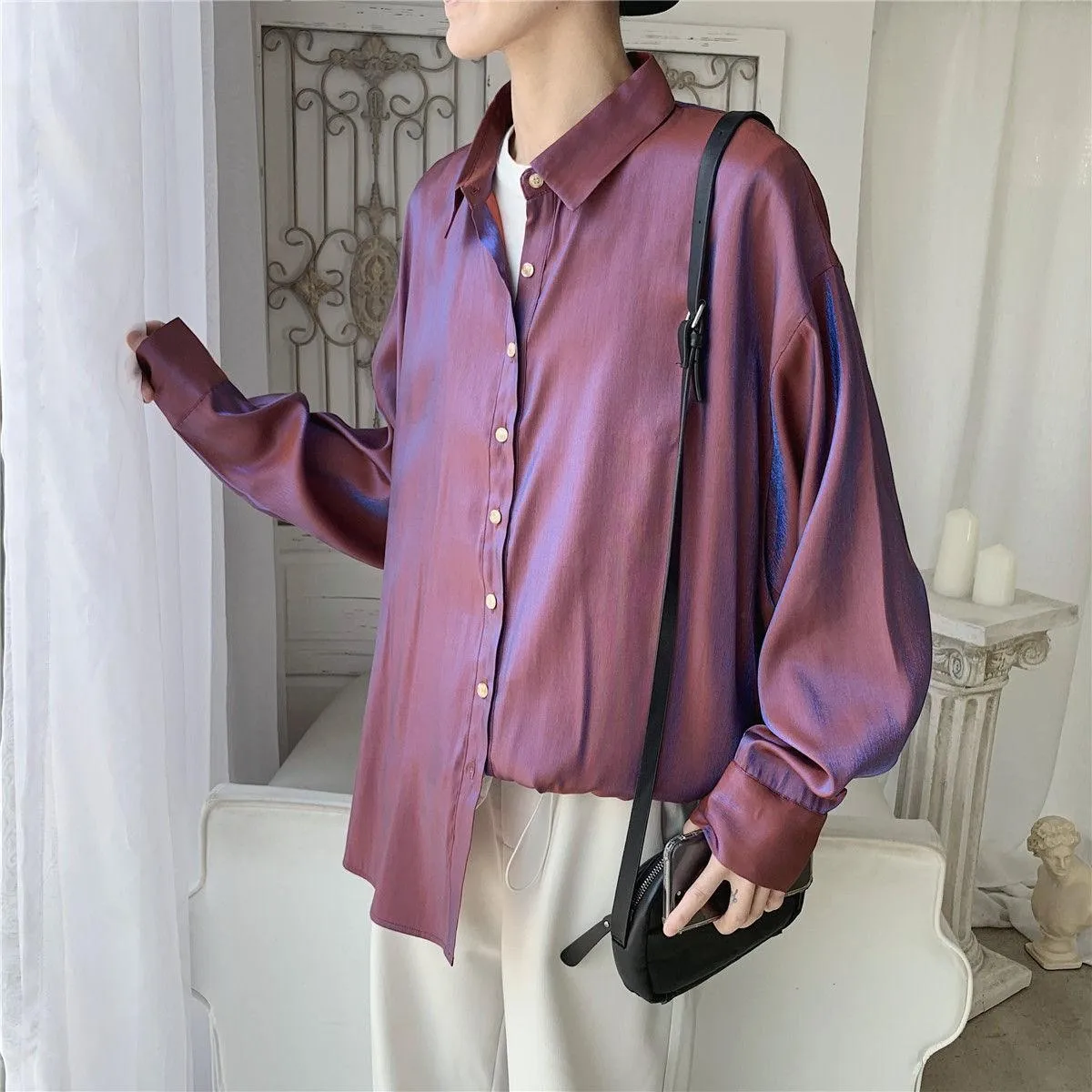 Spring autumn breathable rainbow color holographic reflective men shirts oversize blouse street wear sexy sunprotective clothing