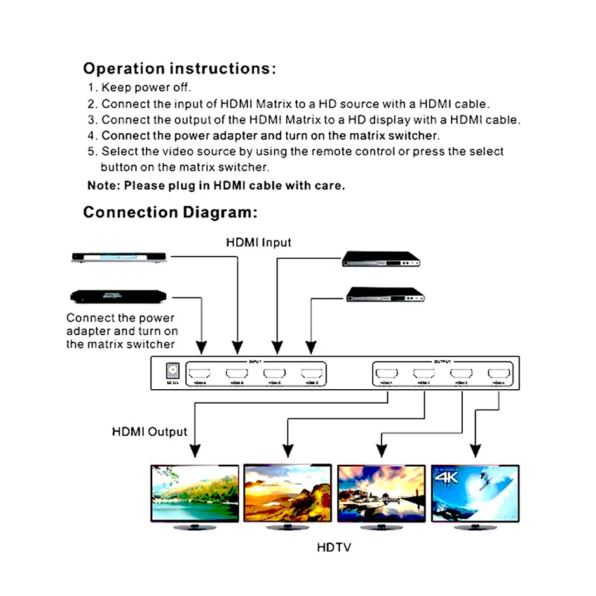 HDMI matrix switcher 4x4, 4K HDMI matrix switcher splitter 4 in 4 out box, with  RS232 extractor and infrared remote control