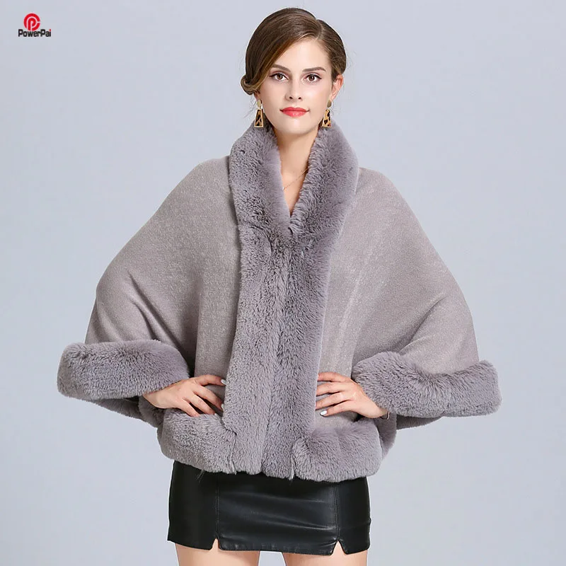 Soft Faux Rex Rabbit Fur Cape Shawl Coat Knit Poncho Cloak Women Fashion Cardigan Wraps Fall Winter Pashmina 10 Colors