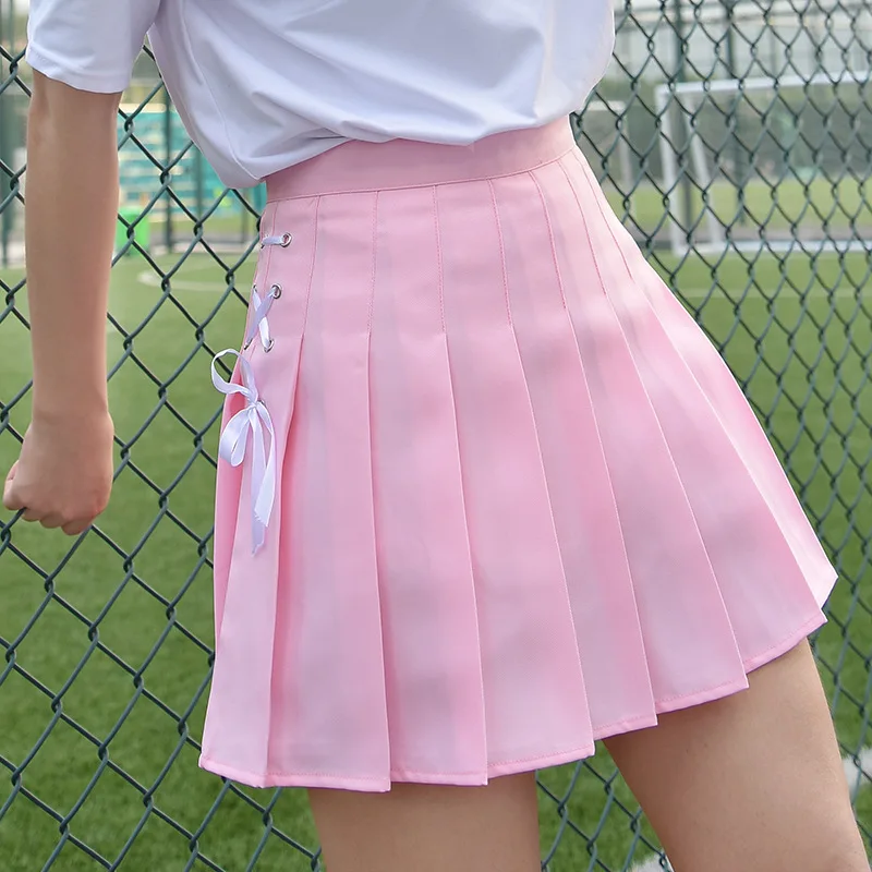 3 cores novo verão kawaii saias estilo preppy feminino saias plissadas arco laço de cintura alta cor sólida mini saia feminina mujers