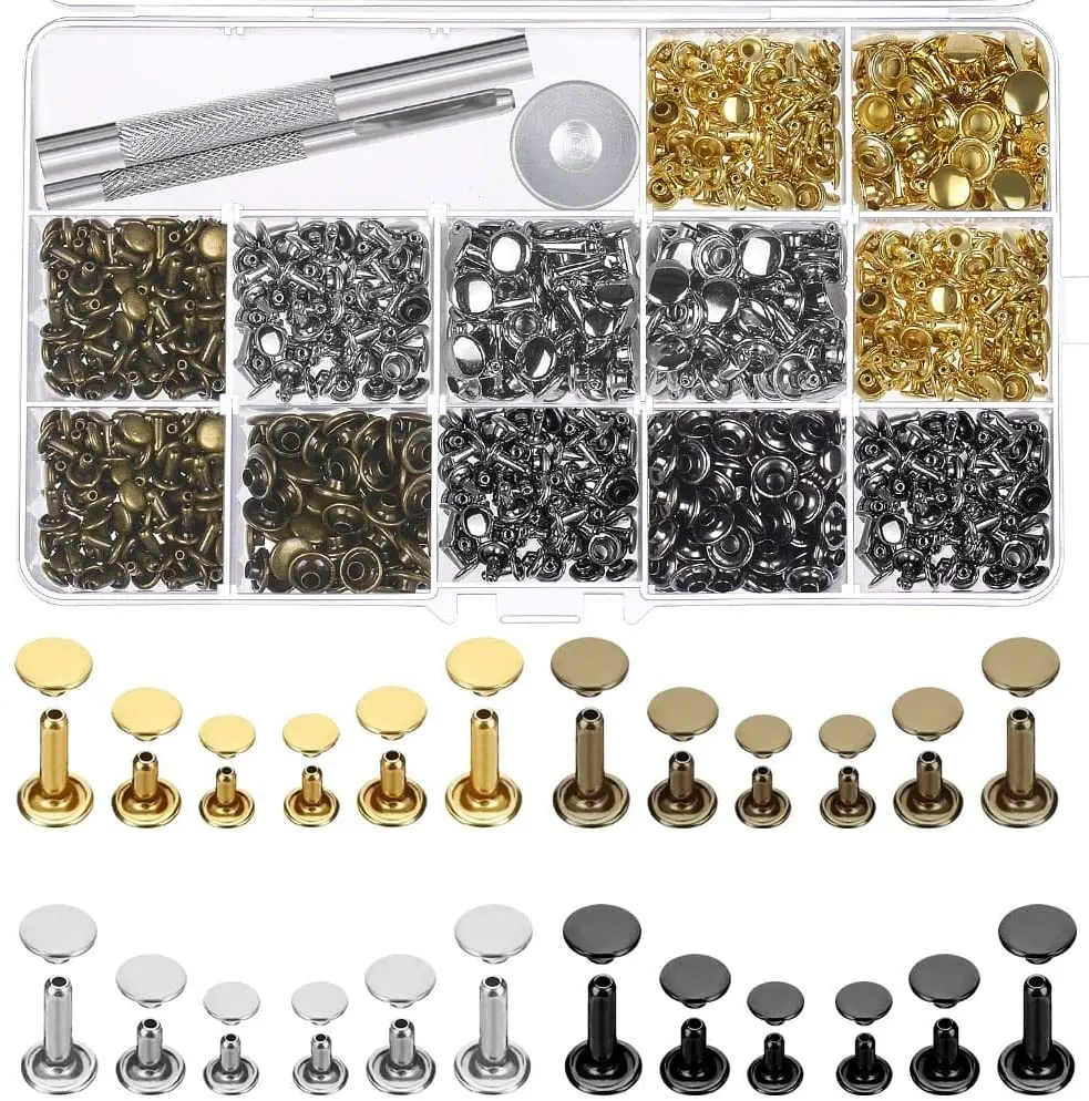 

480 Sets 4 Colors 3 Sizes Leather Rivets Double Cap Rivet Tubular Metal Studs with Tool Kit for Leather Craft Repairs Decoration