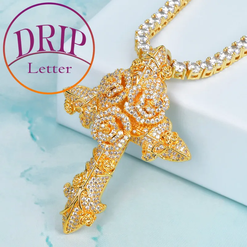 Religious Jesus Flower Cross Gold Color Cubic Zircon Pendant Men's Hip Hop Necklaces Jewelry