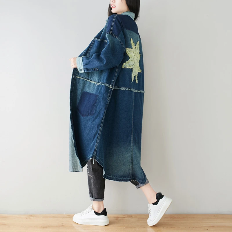 

Women Oversized Long Denim Trench Big size Loose Patchwork cowboy Windbreakers Baggy Vintage Cardigan Long Jean Outerwear