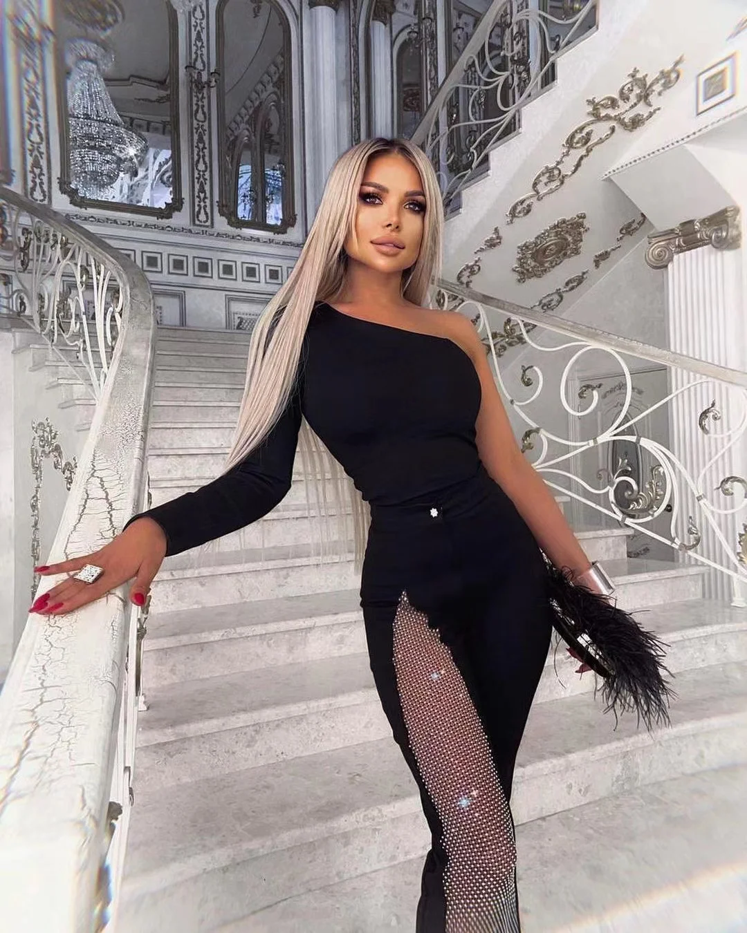 2021 High Quality Women\'s Bandage Jumpsuits One Shoulder Full Sleeve Hollow Out Rhinestone Crystal Diamond Black Celebrity Party