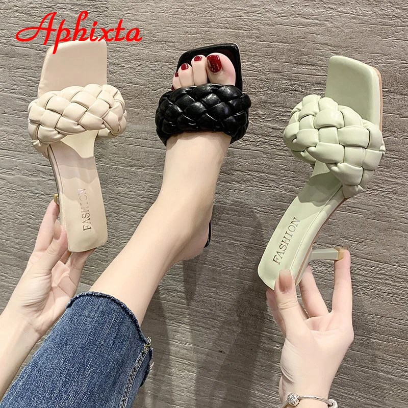 Aphixta 6 cm Heels Slides Women Braided Rope Quality Weave Open Toe Flat Casual Slipper Leisure Sandal Female Beach Flip Flops