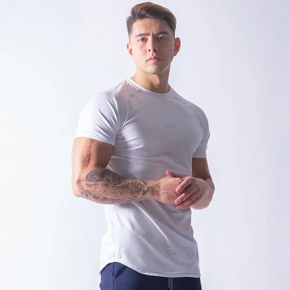 White Casual Short Sleeve T-shirt Men Gym Fitness Cotton Shirt Male Bodybuilding Workout Skinny Tee Tops Summer Fashion Clothing