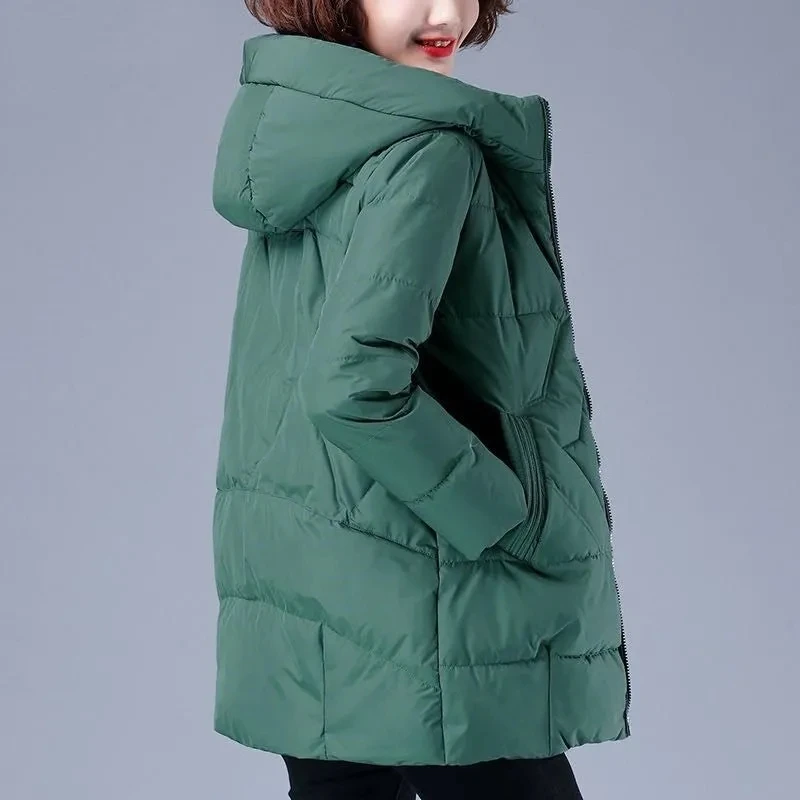 Mom Oversize 4xl Hooded Winter Coat Mid Length Parkas Women Casual Zipper Warm Quilted Cotton Jacket Basic Snow Wear Outwear