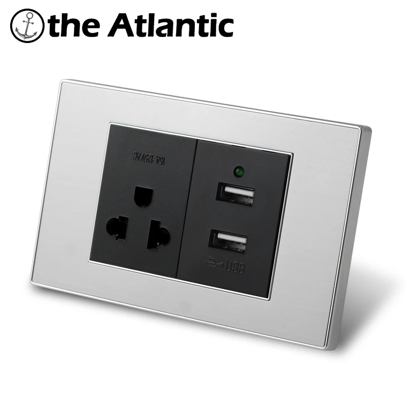 15A US Power Socket With USB Outlet Fan Speed Controller Dimmer Light Switch Stainless Steel Black 118Type standard plug