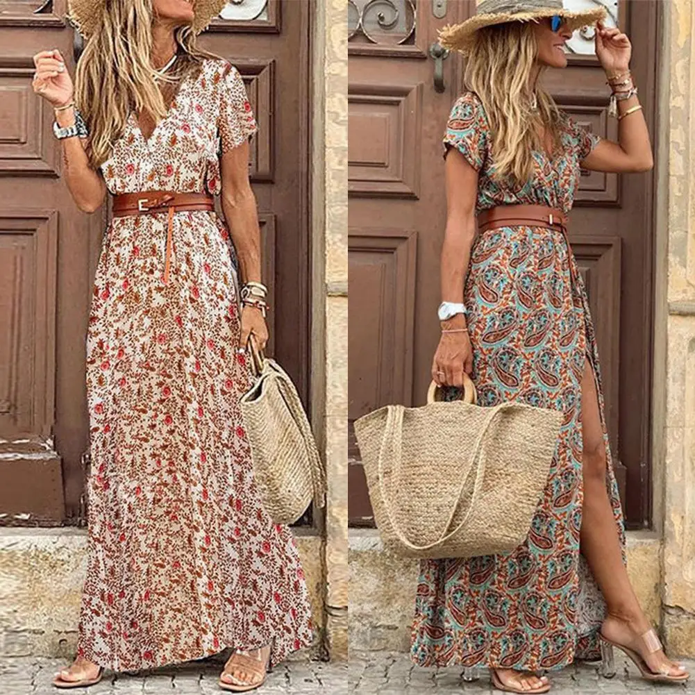 Fashion Boho Dress Long Dress Women Casual V Neck Short Sleeve Retro Print Belt Hem Beach Dresses Elegant Sundress Robe Femme