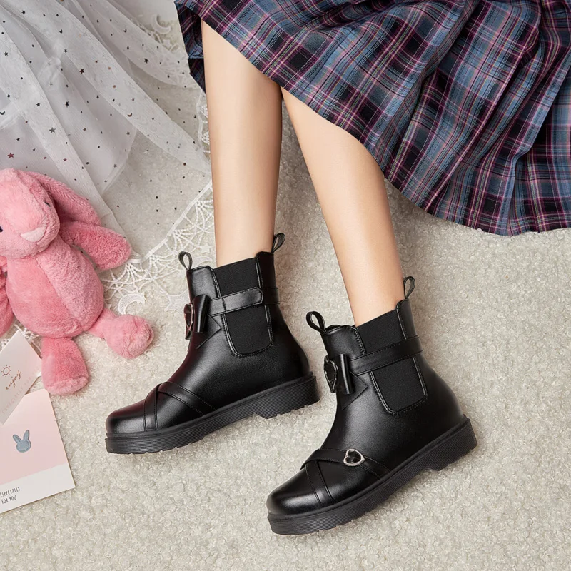 College Style Jk Uniform Lolita Flat Boots Pink Bow Metal Heart-Shaped Pattern Sweet Ankle Boots Chain Cute Female Shoes