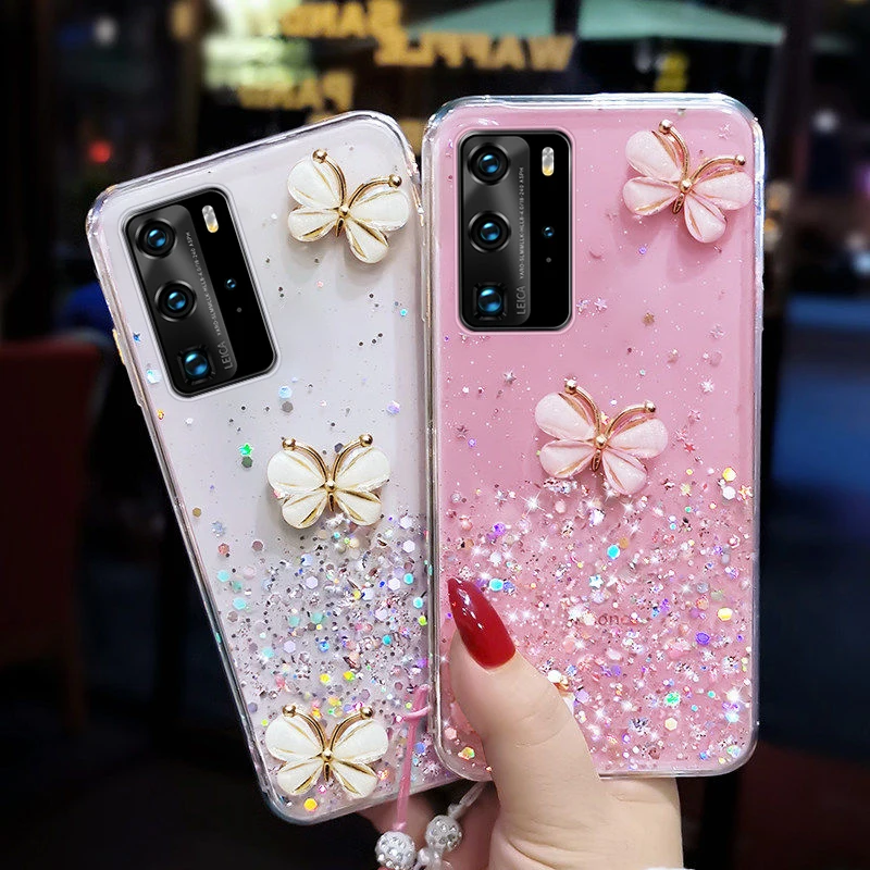 Luxo bonito Bling Glitter Lanyard Silicone Phone Case para Huawei P40 P30 P20 Lite Pro Mate 40 30 20 Honor Ultra-fino Strap Cover