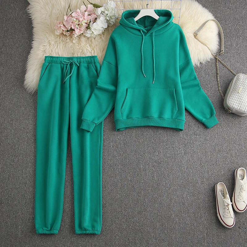 ALPHALMODA-Hooded Sweatshirt and Pants Set, Trendy Thick Tracksuits, Warm Fleece Trousers, Candy Color, Winter, New, 2Pcs