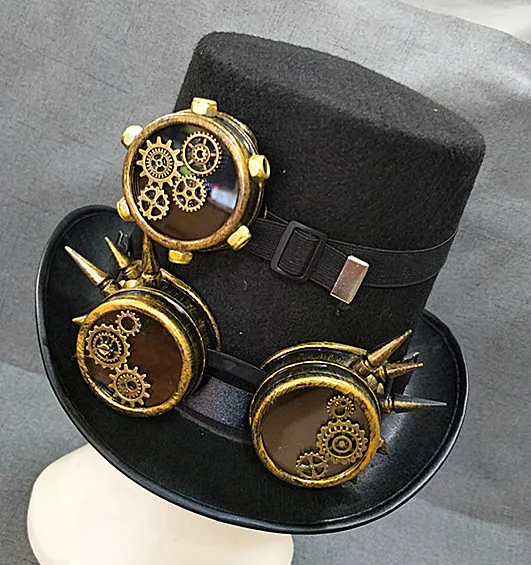

Handmade Steampunk Gears Spikes Leather Men/Women Top Hat With Googles Vintage Gothic Cosplay Party Festival Hats Accessories