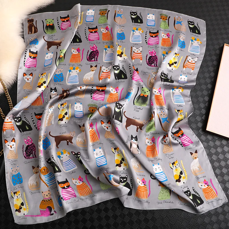 Luxury Brand 2024 New Fashion Summer Silk Square Scarf Women Cat Satin Neck Hair Tie Band Beach Hijab Head Female Foulard