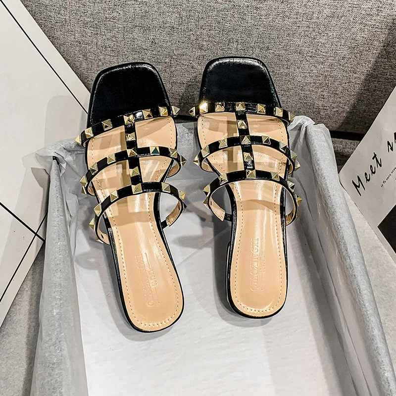 Luxury Brand Designer Rivet Women Sandals Ladies Summer Outdoor Beach Shoes Female Open Toe Slip-On Low Heel Footwea