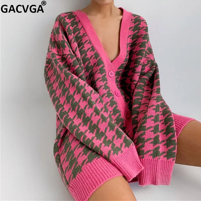 GACVGA 2021 Autumn Winter Houndstooth Cardigan Women Oversized Long Sleeve Knitted Black Loose Casual Sweater Fashion Streetwear