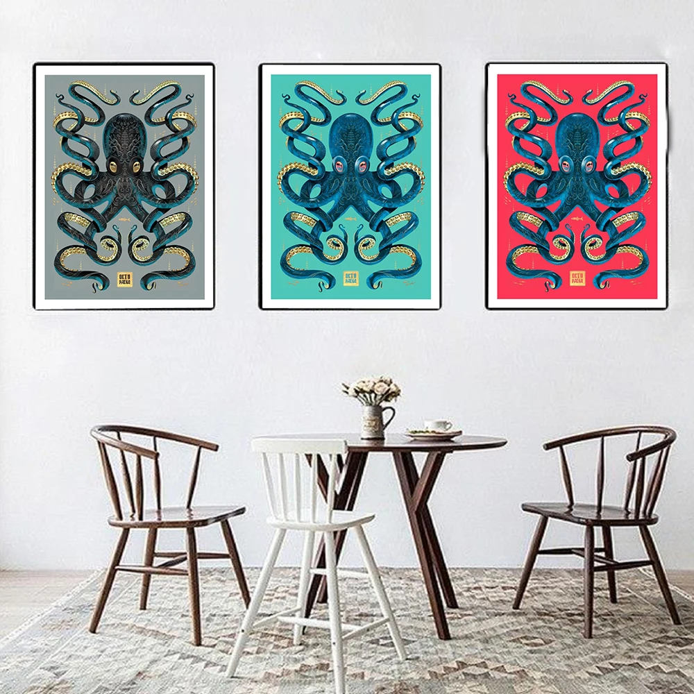 Modern Rich Octopus Gray Gold Abstract Art Print Poster Magenta Blue Canvas Painting Livingroom Light Luxury Wall Decor Pictures