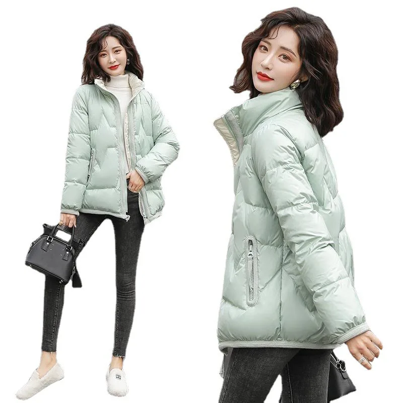 

NicePop Short Glossy Parka Jacket Women Fashion Winter Jacket Female Casual Stand Collar Thicken Parkas Coat Ladies Outerwear