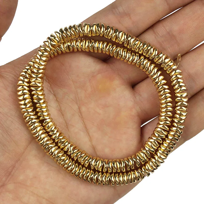 JHNBY Gold Colour Waves Spacer Hematite Natural Stone 6mm Flat round Loose Beads For Jewelry bracelets Making Diy accessories