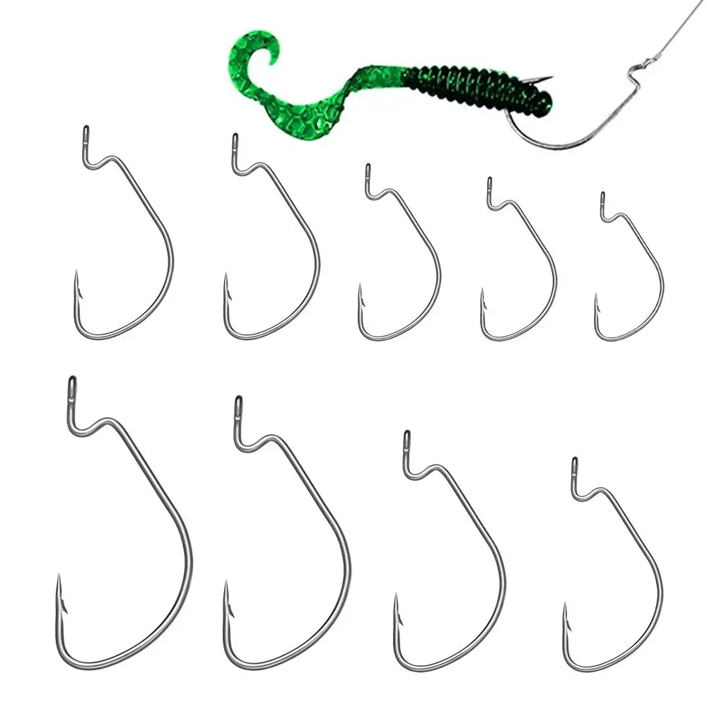 10pcs Offset Barbed Lure Hign Carbon Steel Worm Hook Fishing Tackle Wide Crank Fishhooks Fishing Hook