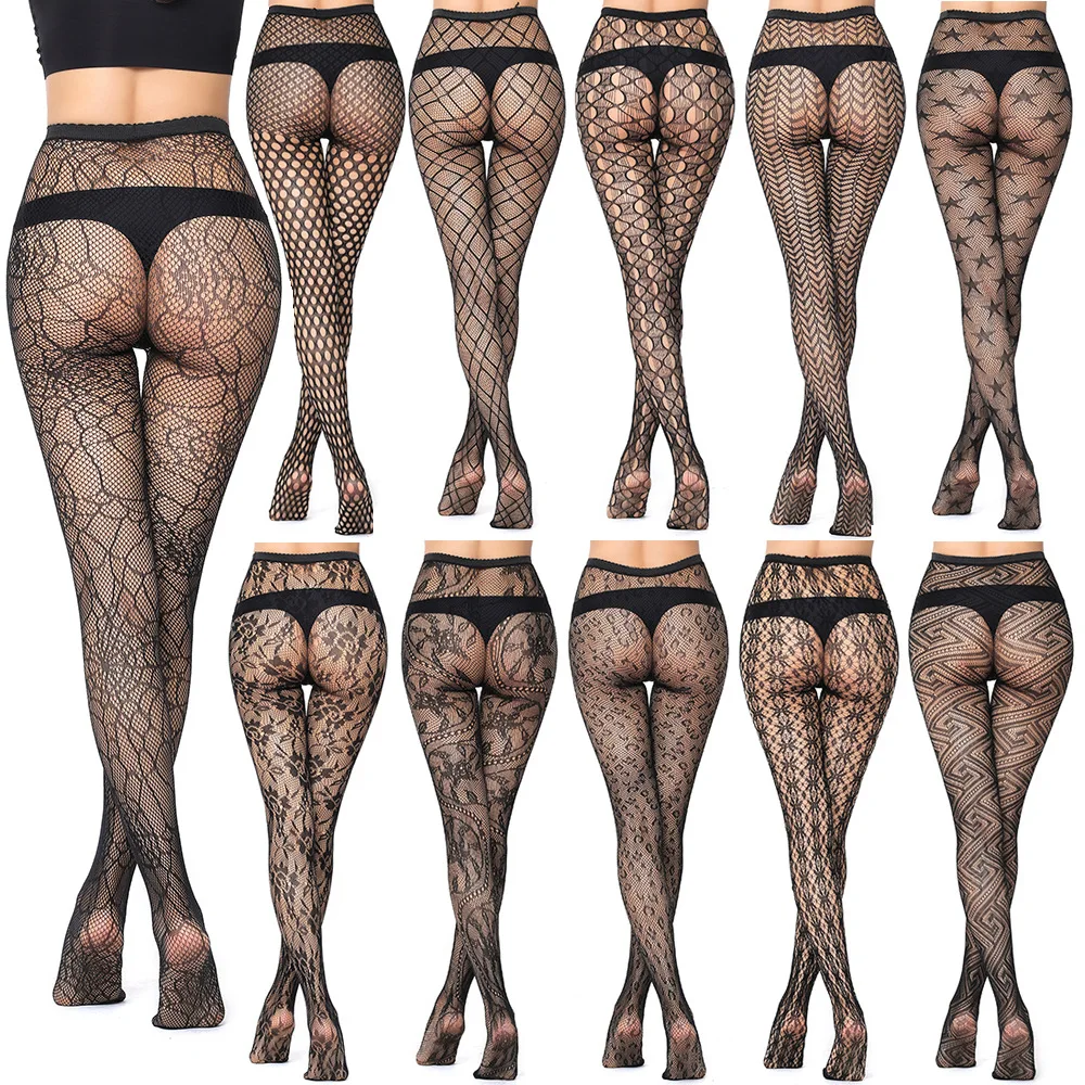 Women Sexy Fishnet Tights Fashion Jacquard Weave Seamless Punk Mesh Pantyhose Black Lolita Fish Net Body Stockings Sexy Lingerie