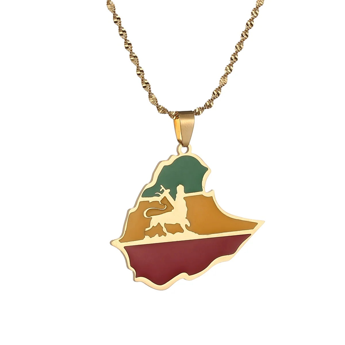 Stainless Steel Ethiopian Flag Lion Map Pendant Necklace Women Men Trendy Ethiopia Lion Chain Jewelry