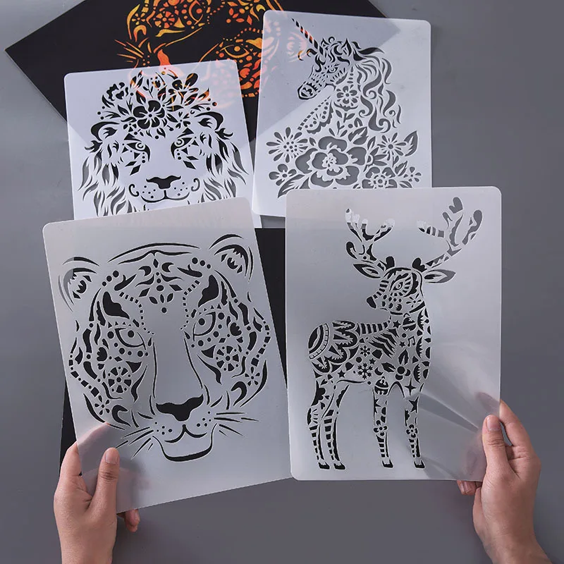 Animal Tiger Elk Scratch Art Paper A4 Hollow Out Painting Template Scratch Painting Mould DIY Scrapbooking Journal Decoration