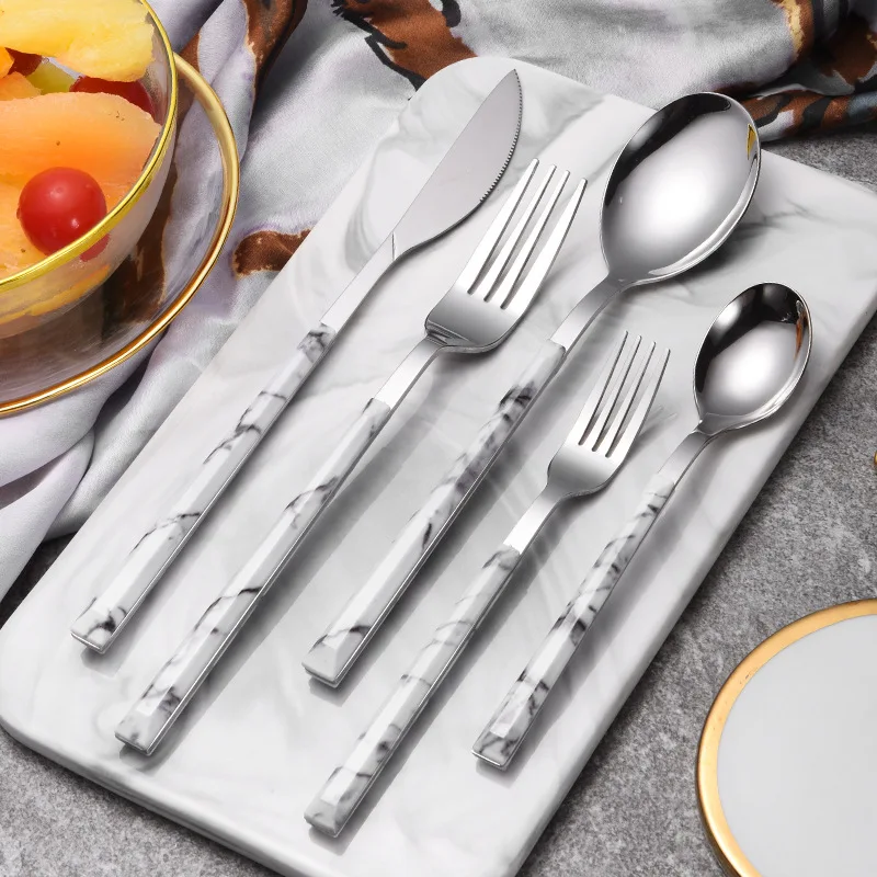 Stainless Steel Marble Silver Tableware Steak Knife Fork Dessert Spoon Western Dinnerware Kitchen Utensil