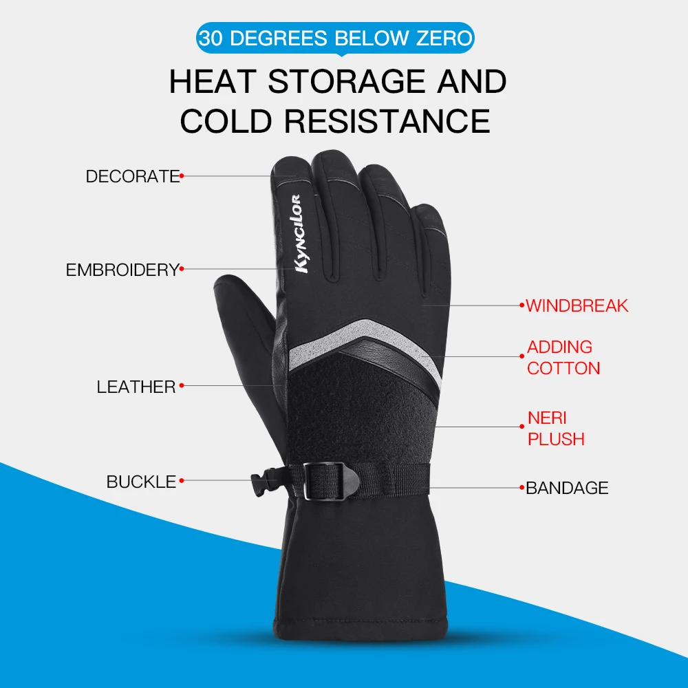 Outdoor Sport Thicker PU Palm Ski Gloves Winter Snow Warm Snowmobile Motorcycle Windproof Waterproof Snowboard For Women Men