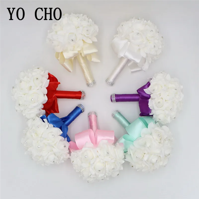 YO CHO White Pink Foam Rose Bridal Bridesmaid Bouquet Flowers Wedding Bouquet Artificial Flower Roses Bridal Bouquet Hand Flower