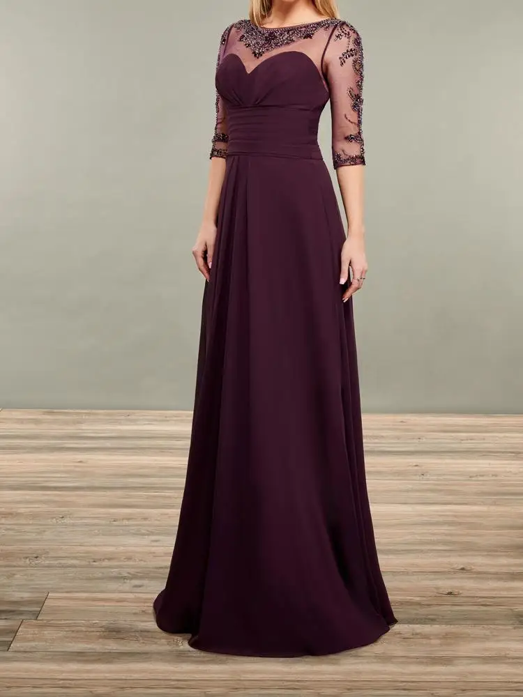 Dark Grape-vestidos de gasa para madre de la novia, vestidos transparentes con mangas con lentejuelas y abalorios, vestido de fiesta, bata de boda