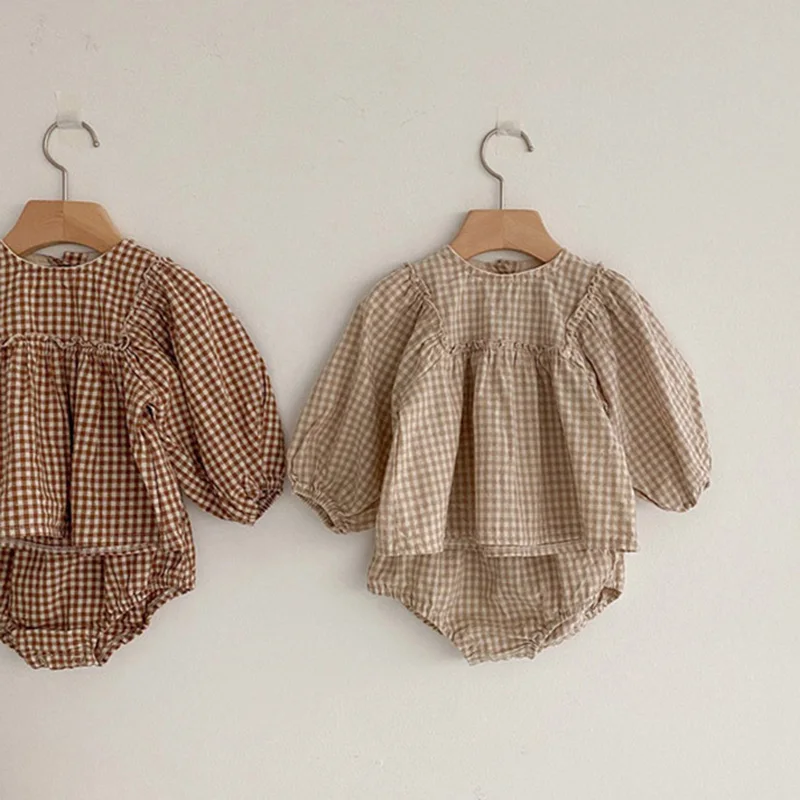 Baby Girls Suit 2023 Baby Girls Clothes Little Plaid Infant Girls Clothes Set Puff Sleeve Blouse + Bloomer 2pcs Toddler Clothes