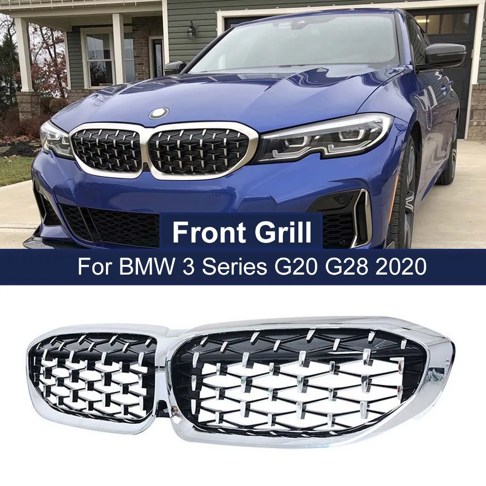 1 Pair Front Grill Diamond Kidney Grilles Racing Grills for for BMW 3 Series G20 G21 G28 2019-2021 Meteor Style Car Accessories